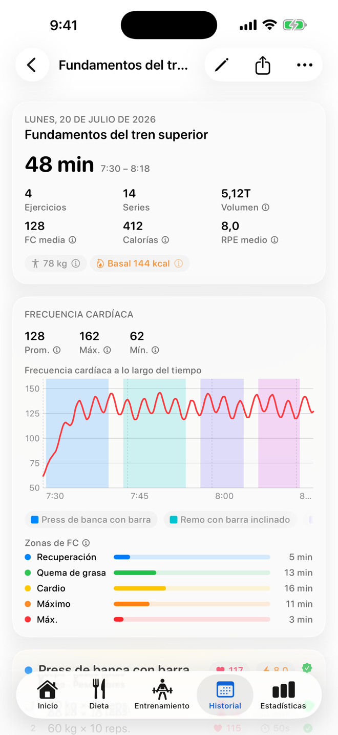 Pulsaciones y calorías, en cada sesión