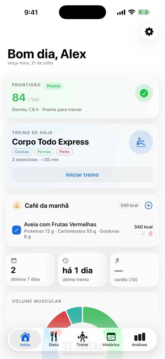 Registre cada série e cada refeição